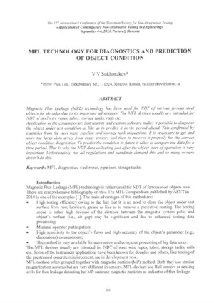 MFL Technology for Diagnostics and Prediction of Object Condition. —&lt;br&gt;V. Sukhorukov. Proceedings of the 12-th International Conference of the Slovenian Society for Non-Destructive Testing, Slovenia, 4-6 September 2013, pp.389-402.