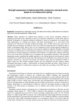 Strength assessment of deteriorated OHL conductors and earth wires based on non-destructive testing. — V. Volokhovskiy, V. Sukhorukov, V. Tzukanov. Proceedings of DAMAS 2013 10th International Conference, Dublin, 8-10 July 2013, pp.1156-1163.