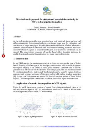 Wavelet based approach for detection of material discontinuity in MFL in-line pipeline inspection.— D. Slesarev, A. Semenov. Proceedings of the 12th ECNDT 2018 - European conference on Non-Destructive Testing in Göteborg, Sweden, 11-15 June 2018.